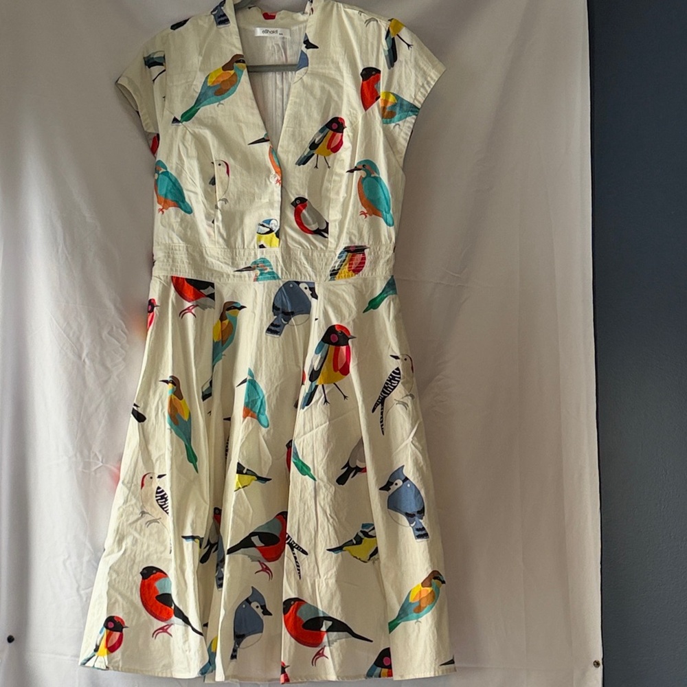 eShakti Ivory Midi Dress with Multicolor Bird Design